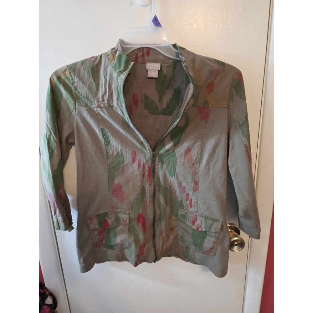 Chico’s Size 0 Womens Sage Green Abstract Lightweight Jacket Size 4-6 GUC